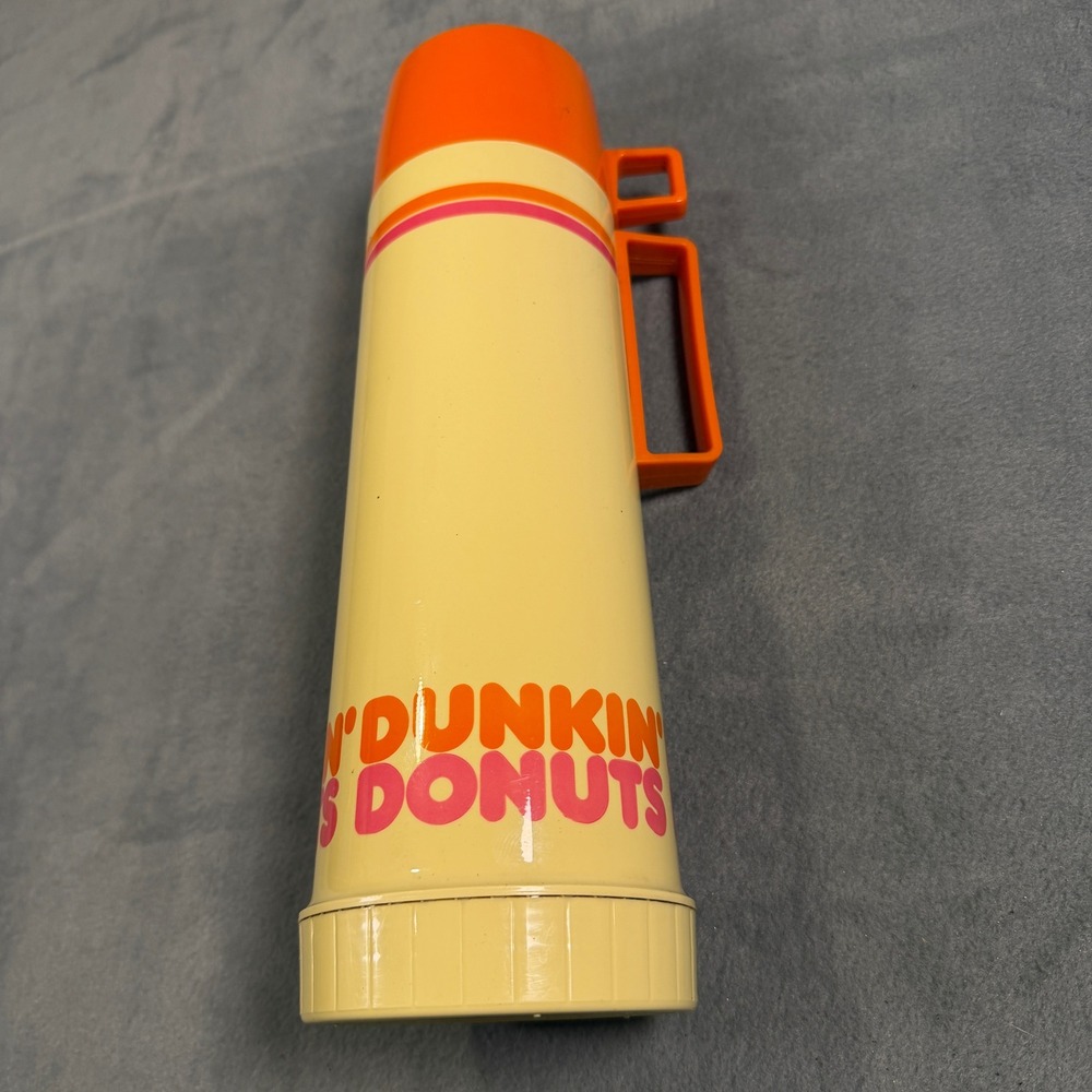Vintage 80s Dunkin Donuts Thermos King-Seeley 1 Quart Vacuum Bottle Orange Pink